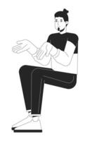 Young man shrugging black and white 2D line cartoon character. Rest posture. Sitting caucasian male isolated vector outline person. Taking part in conversation guy monochromatic flat spot illustration