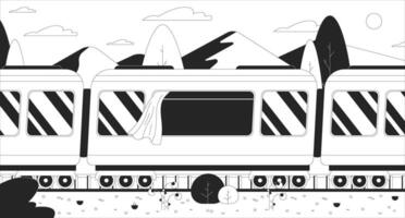 Train riding through lush grass mountains black and white line illustration. Railway summer 2D scenery monochrome background. Travelling countryside. Railroad spring day outline scene vector image