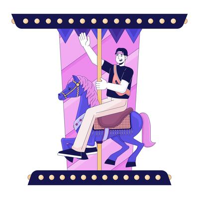 Stylish Man Riding Horse Carousel Linear Cartoon Character