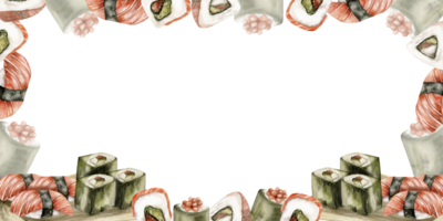 Watercolor japanese sea food frame. Hand drawn sushi with salmon, sashimi with shrimps and caviar for menu, restaurant, cafe, product packing design png