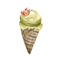 Ice cream watercolor illustration. Hand drawn sweet ice in waffle cone, pistachio taste and peach candies on it, summer melting delicious ice cream for product, packing design. png