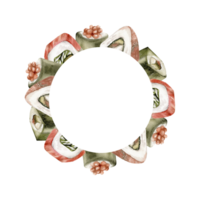 acquerello giapponese Sushi , rotoli e sashimi il giro telaio. mano disegnato mare cibo con salmone, caviale ,illustrazione per ristorante, sbarra, bar, menù design png