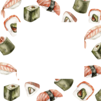vattenfärg asiatisk hav mat ram med sushi, sashimi och rullar. hand dragen japansk traditionell hav mat med räka, lax och kaviar för meny, restaurang, Kafé, förpackning design png