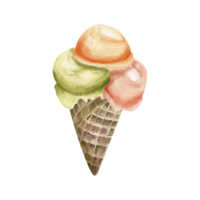 Ice cream watercolor illustration. Hand drawn sweet ice in waffle cone with colorful ball. pistachio, orange and strawberry taste. Summer melting ice for product, packing design. png