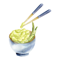 Asian vegan food watercolor illustration. Hand drawn ceramic blue bowl with green beans and chopsticks . Rice bowl vegan food illustration for restaurant, cage, menu design png