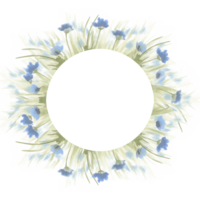 Aquarell abstrakt Blau Blumen im Grün Gras rahmen. Blütenblatt ,romantisch Blau Frühling runden Rahmen zum Hochzeit Einladung , Gruß Karte, Etikett, Logo Design png