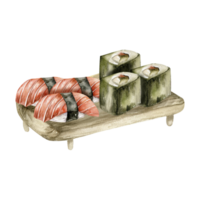 waterverf Japans sushi. Aziatisch zeevruchten Aan houten bord sashimi met Zalm en sushi voor restaurant, bar, cafe, menu ontwerp png