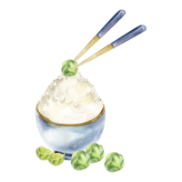 asiatico vegano cibo acquerello illustrazione. mano disegnato ceramica blu ciotola con verde cavolo e bastoncini . riso vegano ciotola , Bruxelles cavolo per menù ristorante, bar design png