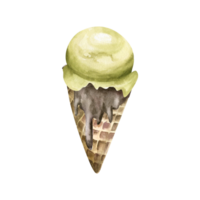 Ice cream watercolor illustration. Hand drawn sweet ice in waffle cone, pistachio taste, summer melting delicious ice cream for product, packing design. png