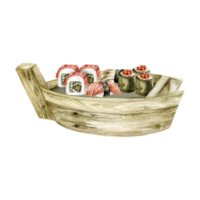 Watercolor japanese sushi. Traditional asian food, sushi with salmon and caviar, sashimi on wooden plate in form of boat for restaurant, bar, cafe, menu design png