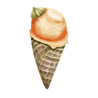 Ice cream watercolor illustration. Hand drawn sweet ice in waffle cone, orange ice cream, summer delicious food for product, label, beach party design. png