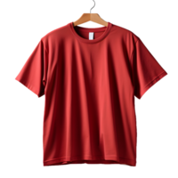 ai generiert leer rot T-Shirt mit Aufhänger isoliert auf transparent Hintergrund. kurz Ärmel T-Shirt. generativ ai png