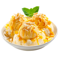 AI generated Delectable Mango Ice Cream Sticky Rice Isolated on Transparent Background for a Tropical Dessert Experience generative AI png