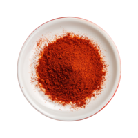 AI generated Red paprika powder on a white plate isolated in a transparent background. Top View Paprika PNG Generative AI