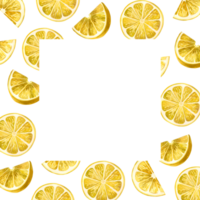 Aquarell Illustration. Platz Rahmen von Gelb Zitrone Scheiben gezeichnet im Aquarell auf ein transparent Hintergrund. geeignet zum Drucken auf Stoff und Papier, zum Küche Dekoration, dekorieren Geschirr png
