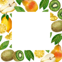 Square frame of fruits. Fruit pear, half a pear, lemon, kiwi and fruit slices, green leaves drawn in watercolor. Suitable for decorating menus, books, kitchens, textiles png