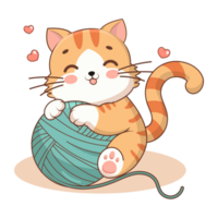 Cute cartoon cat with a ball of yarn. png