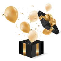 Gold and black birthday gift box with balloons png