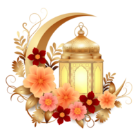 Decorative Islamic Gold Lantern with Crescent Moon and Flower Wreath png