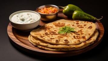 AI generated Delectable aloo paratha served with yogurt and pickles photo