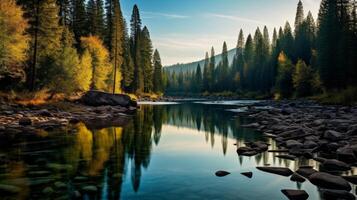 ai generado el tranquilo belleza de un río reflejando el naturaleza alrededor eso foto