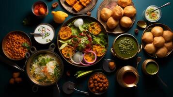 AI generated An overhead shot of a colorful street food scene with various chaat, samosas, and pani puri photo