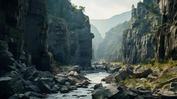 AI generated Rocky canyon with river winding through in nature photo