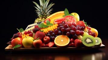 AI generated Assortment of exotic fruits on a platter photo