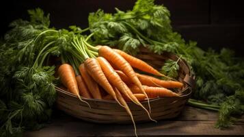 AI generated Rustic basket filled with unique, gnarled carrots photo