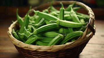 ai generado cesta desbordante con crujiente, verde okra vainas foto