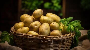 AI generated Basket filled with tender baby potatoes photo