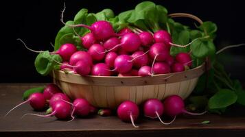 AI generated Basket brimming with vibrant purple radishes photo