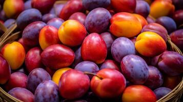 AI generated Baskets filled with vibrant multi colored plums photo