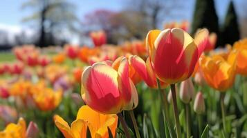 ai generado tulipán campo con en ciernes y floreciente flores foto