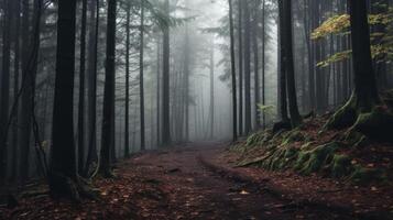 AI generated A misty woodland scene with tall trees and a path leading into the unknown photo