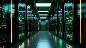 AI generated Brightly lit server room ensuring optimal performance photo