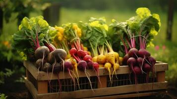 AI generated Display of assorted beets in baskets, showcasing rich hues photo