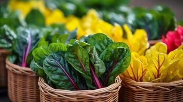 AI generated Display of assorted chard leaves in charming and vibrant baskets photo