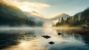 AI generated Sunrise over lake and mountains in the morning mist photo