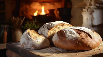 AI generated Rustic kitchen scene with freshly baked bread photo