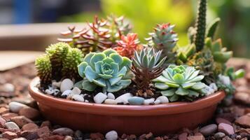 ai generado un cerca arriba foto de minúsculo suculento plantas en un miniatura jardín, con un rango de texturas y patrones