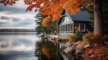 ai generado cabaña con lago y otoño follaje en el antecedentes foto