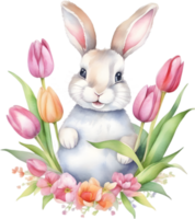 AI generated Cute Bunny with a bouquet of flowers. png