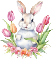 ai généré mignonne lapin avec une bouquet de fleurs. png