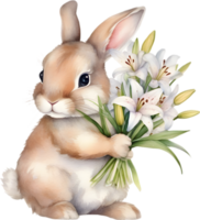 AI generated Cute Bunny with a bouquet of flowers. png