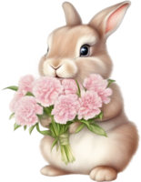 ai gegenereerd schattig konijn met een boeket van bloemen. png