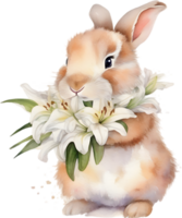 AI generated Cute Bunny with a bouquet of flowers. png