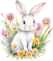 AI generated Cute Bunny with a bouquet of flowers. png