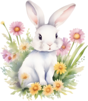 ai généré mignonne lapin avec une bouquet de fleurs. png