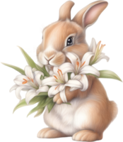 ai généré mignonne lapin avec une bouquet de fleurs. png